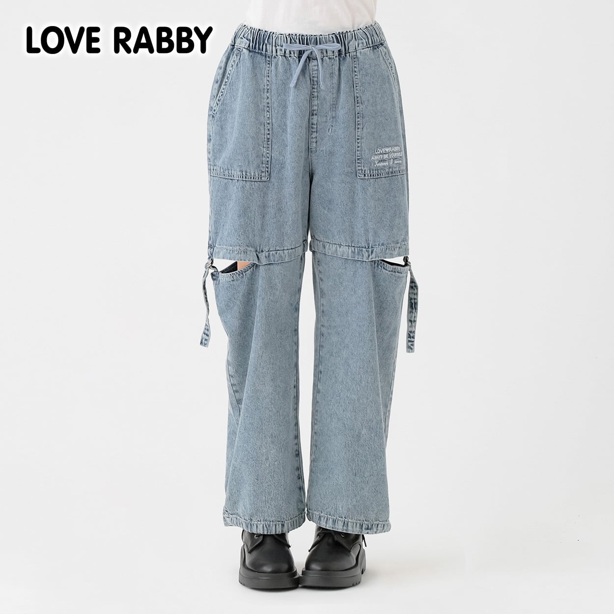 LOVERABBY(ラブラビ) ケミカルデニム脇スリットカーゴパンツ キッズ 女の子 130cm-160cm(ブルー-130cm)