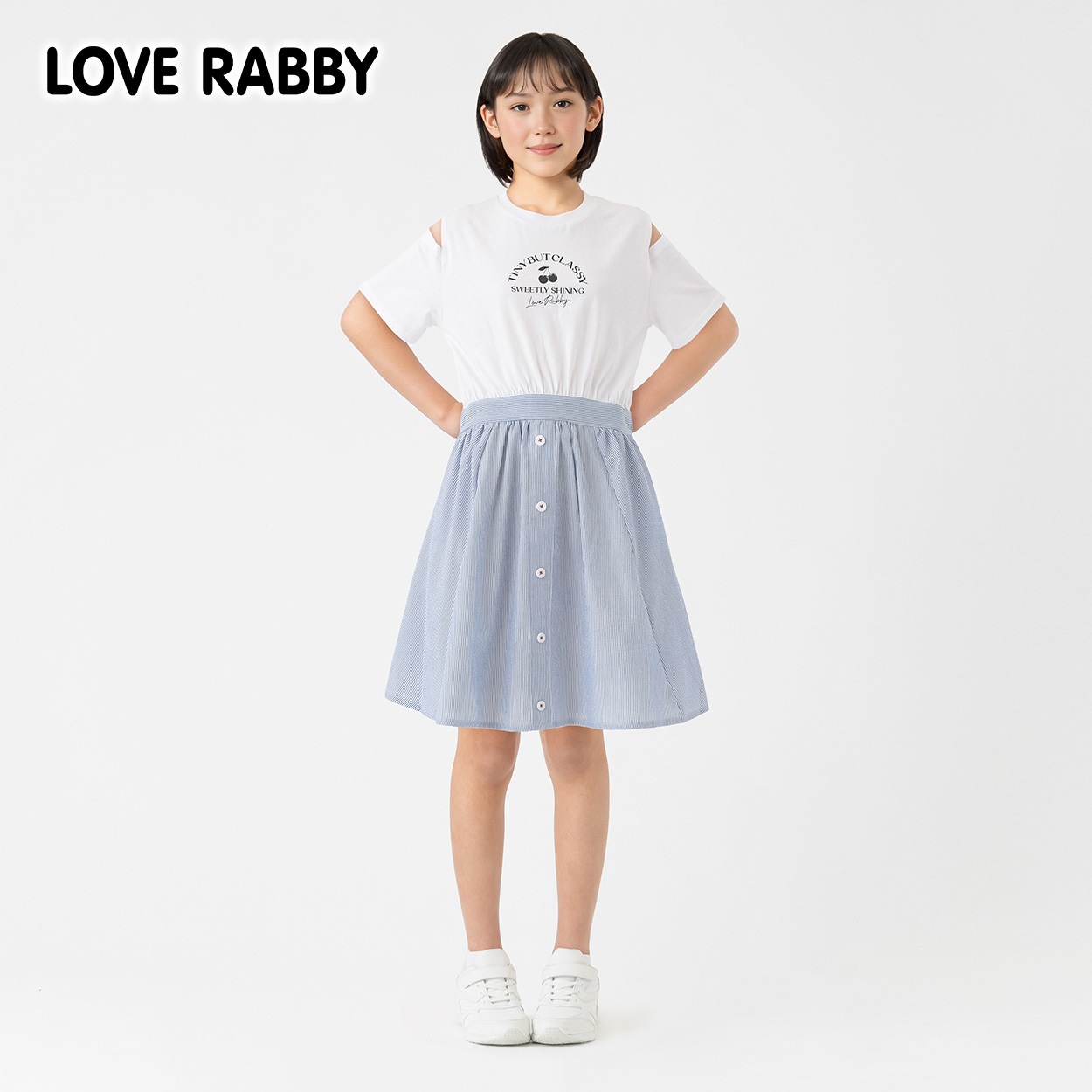 LOVERABBY(ラブラビ) ストライプ前釦ドッキングワンピース キッズ 女の子 130cm-160cm(ホワイト-160cm)