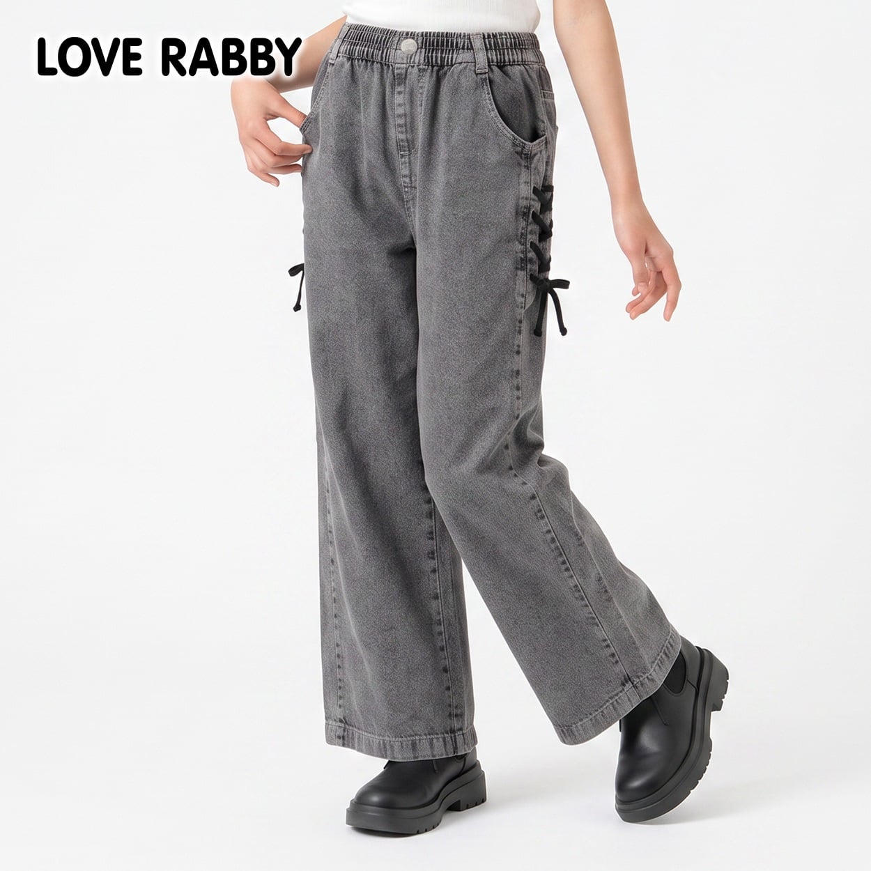 LOVERABBY(ラブラビ) デニム脇レースアップワイドパンツ キッズ 女の子 130cm-160cm(ブラック-150cm)