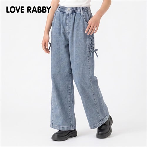 LOVERABBY(ラブラビ) デニム脇レースアップワイドパンツ キッズ 女の子 130cm-160cm(ブルー-130cm)