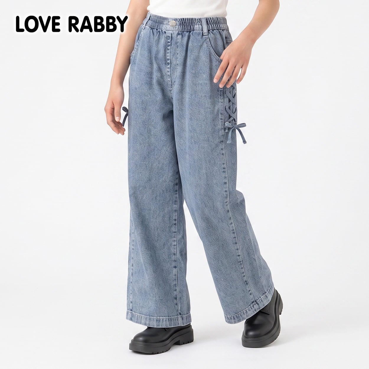 LOVERABBY(ラブラビ) デニム脇レースアップワイドパンツ キッズ 女の子 130cm-160cm(ブルー-140cm)