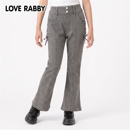 LOVERABBY(ラブラビ) デニム脇レースアップフレアパンツ キッズ 女の子 130cm-160cm(ブラック-130cm)