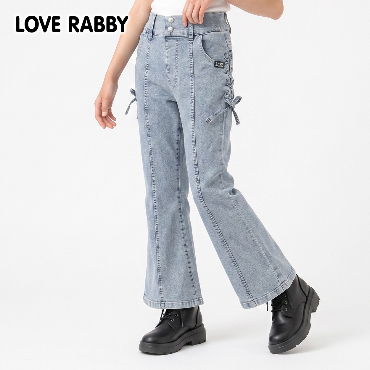 LOVERABBY(ラブラビ) デニム脇レースアップフレアパンツ キッズ 女の子 130cm-160cm(ブルー-130cm)