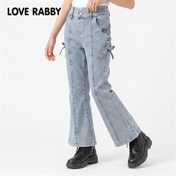 LOVERABBY(ラブラビ) デニム脇レースアップフレアパンツ キッズ 女の子 130cm-160cm(ブルー-130cm)