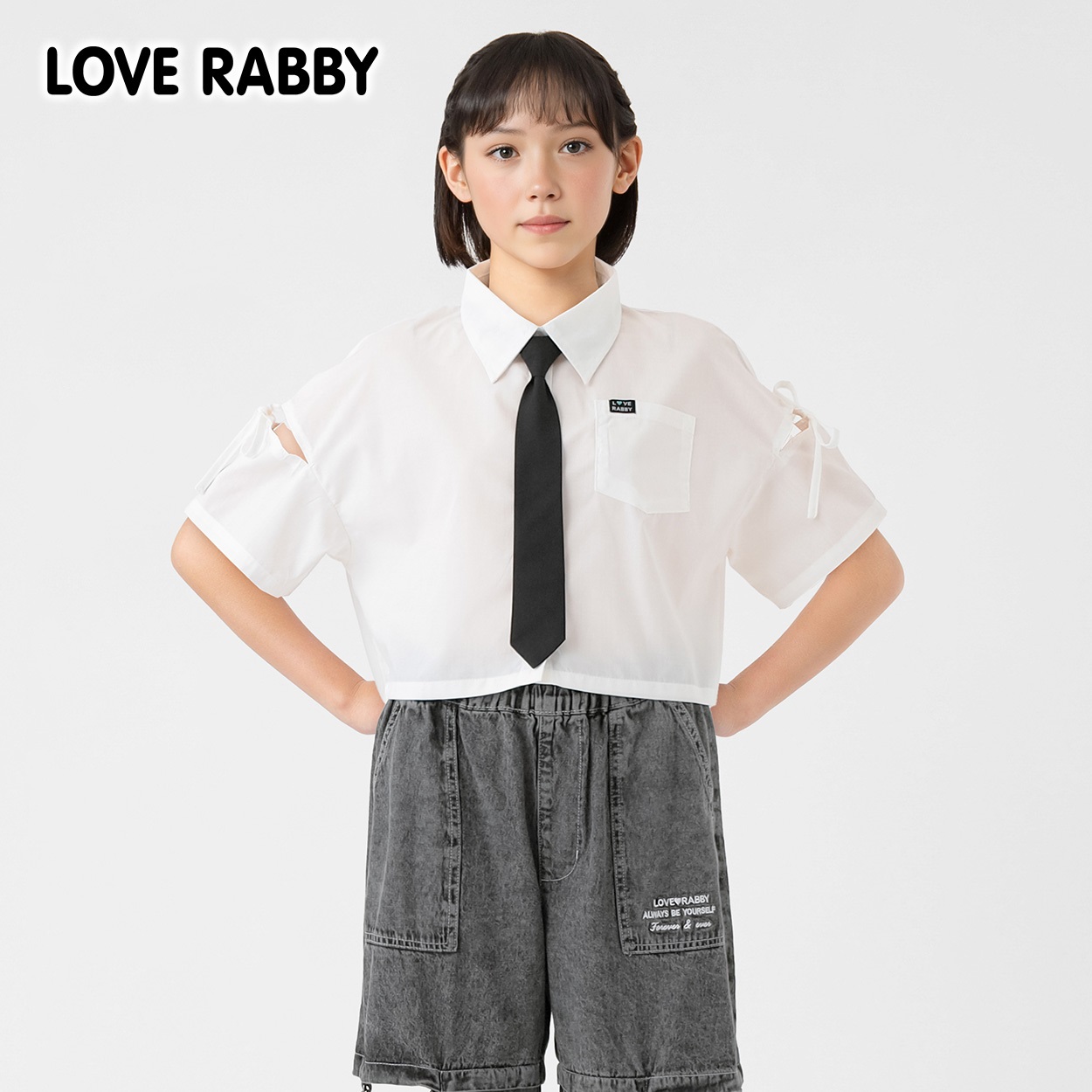 LOVERABBY(ラブラビ) ショルダー開きネクタイ付きシャツ キッズ 女の子 130cm-160cm(ホワイト-140cm)