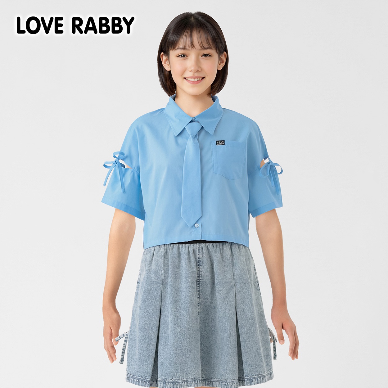 LOVERABBY(ラブラビ) ショルダー開きネクタイ付きシャツ キッズ 女の子 130cm-160cm(ブルー-160cm)