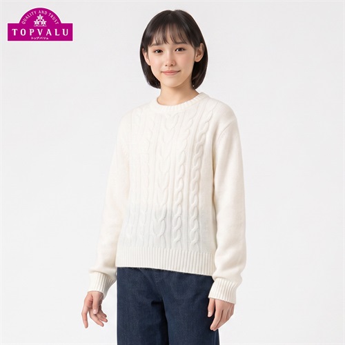 洗えるクルーネックセーター キッズ 女の子 トップバリュ 130cm-160cm(ホワイト-130cm)