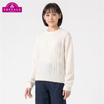 洗えるクルーネックセーター キッズ 女の子 トップバリュ 130cm-160cm(ホワイト-130cm)
