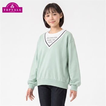 衿よれにくい重ね着風裏毛トレーナー キッズ 女の子 トップバリュ 130cm-160cm(ライトグリーン-130cm)