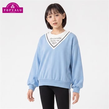 衿よれにくい重ね着風裏毛トレーナー キッズ 女の子 トップバリュ 130cm-160cm(サックス-130cm)