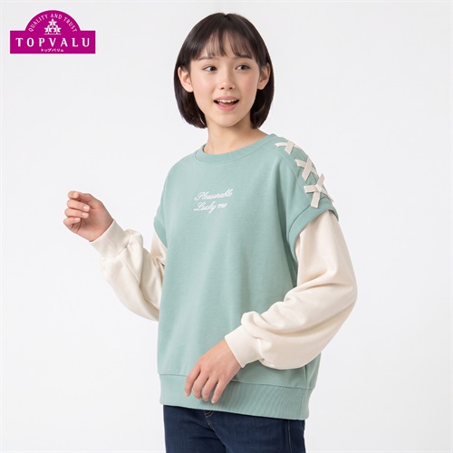 衿よれにくい重ね着風裏シャギートレーナー キッズ 女の子 トップバリュ(TOPVALU) 130～160cm(サックス-130cm)