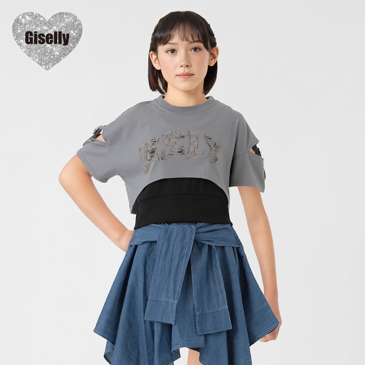Giselly（ジゼリー） 肩開きベルトドッキングプルオーバー キッズ 女の子 130cm-160cm(グレー-160cm)