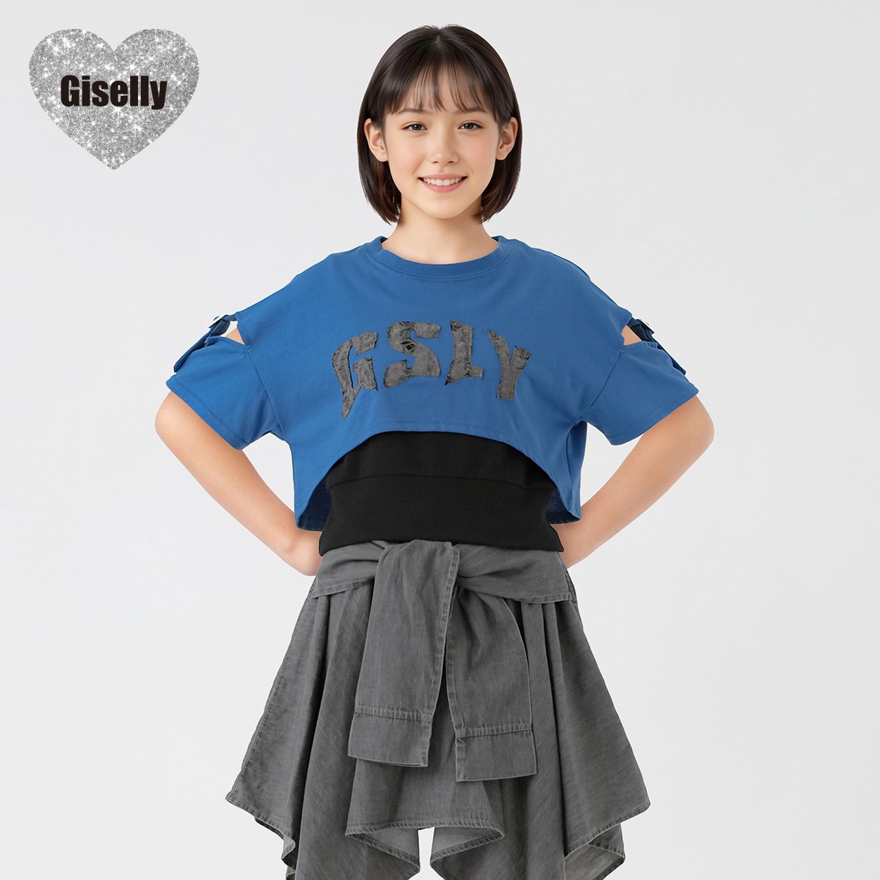 Giselly（ジゼリー） 肩開きベルトドッキングプルオーバー キッズ 女の子 130cm-160cm(ブルー-140cm)