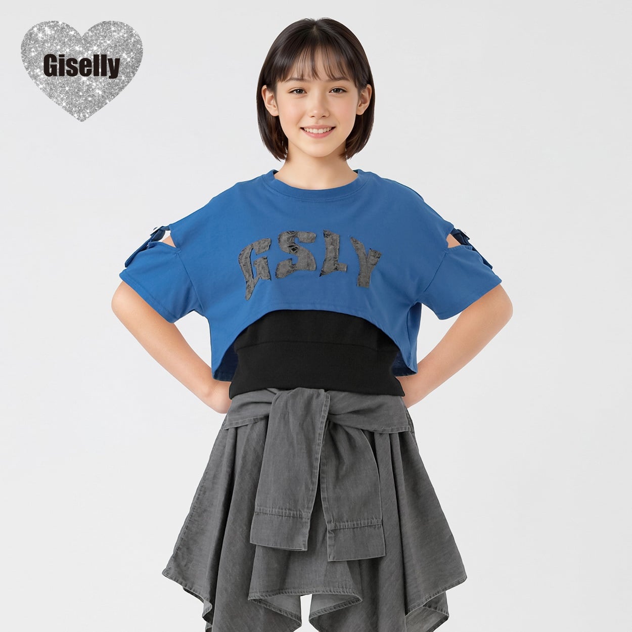 Giselly（ジゼリー） 肩開きベルトドッキングプルオーバー キッズ 女の子 130cm-160cm(ブルー-160cm)