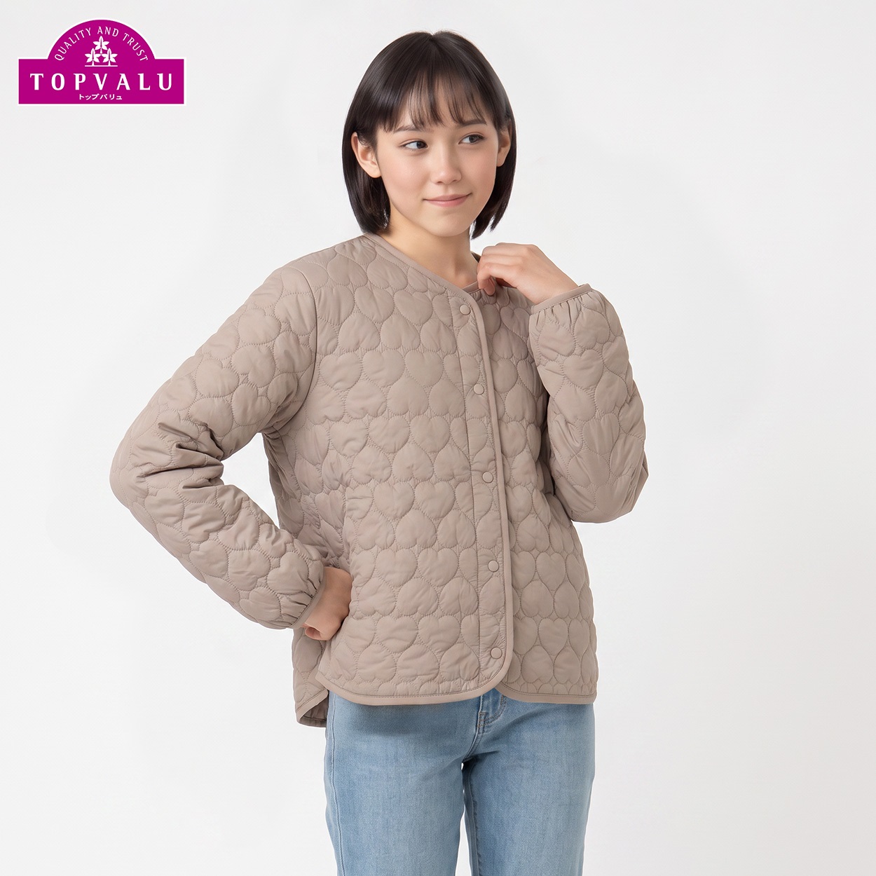 洗えるハートキルト中わたジャケット キッズ 女の子 トップバリュ 130cm-160cm(ベージュ-150cm)