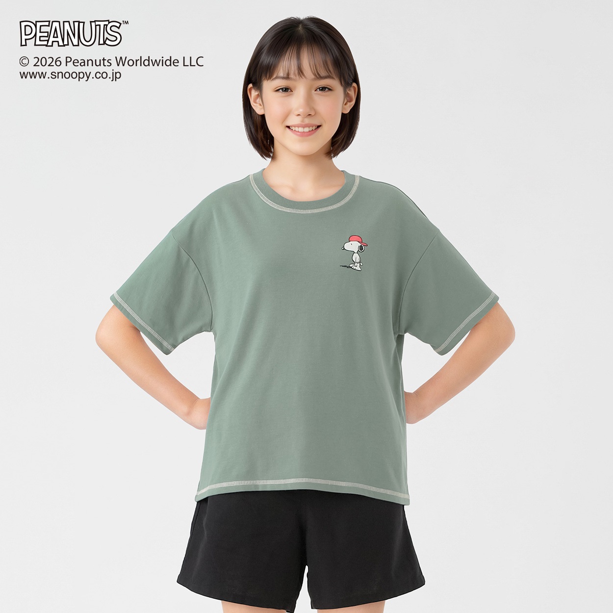 PEANUTS スヌーピー ダーク系Tシャツ キッズ 女の子 130cm-160cm(カーキ-140cm)