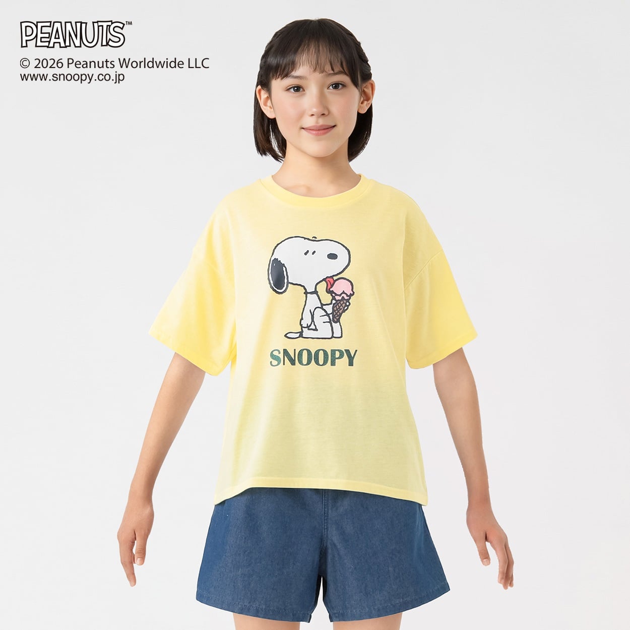 PEANUTS スヌーピー ソフト系Tシャツ キッズ 女の子 130cm-160cm(ライトイエロー-140cm)