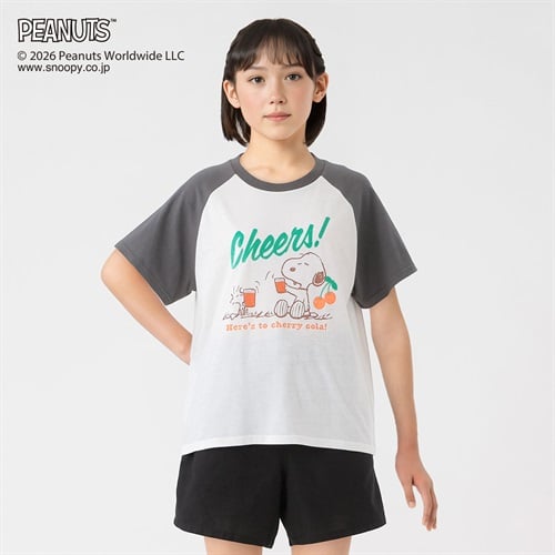 PEANUTS スヌーピー ラグランTシャツ キッズ 女の子 130cm-160cm(ライトグレー-130cm)