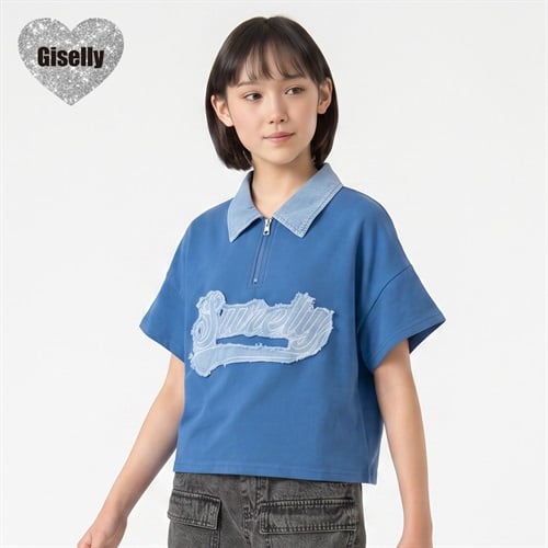 Giselly(ジゼリー) デニム衿付Tシャツ キッズ 女の子 130cm-160cm(ブルー-130cm)