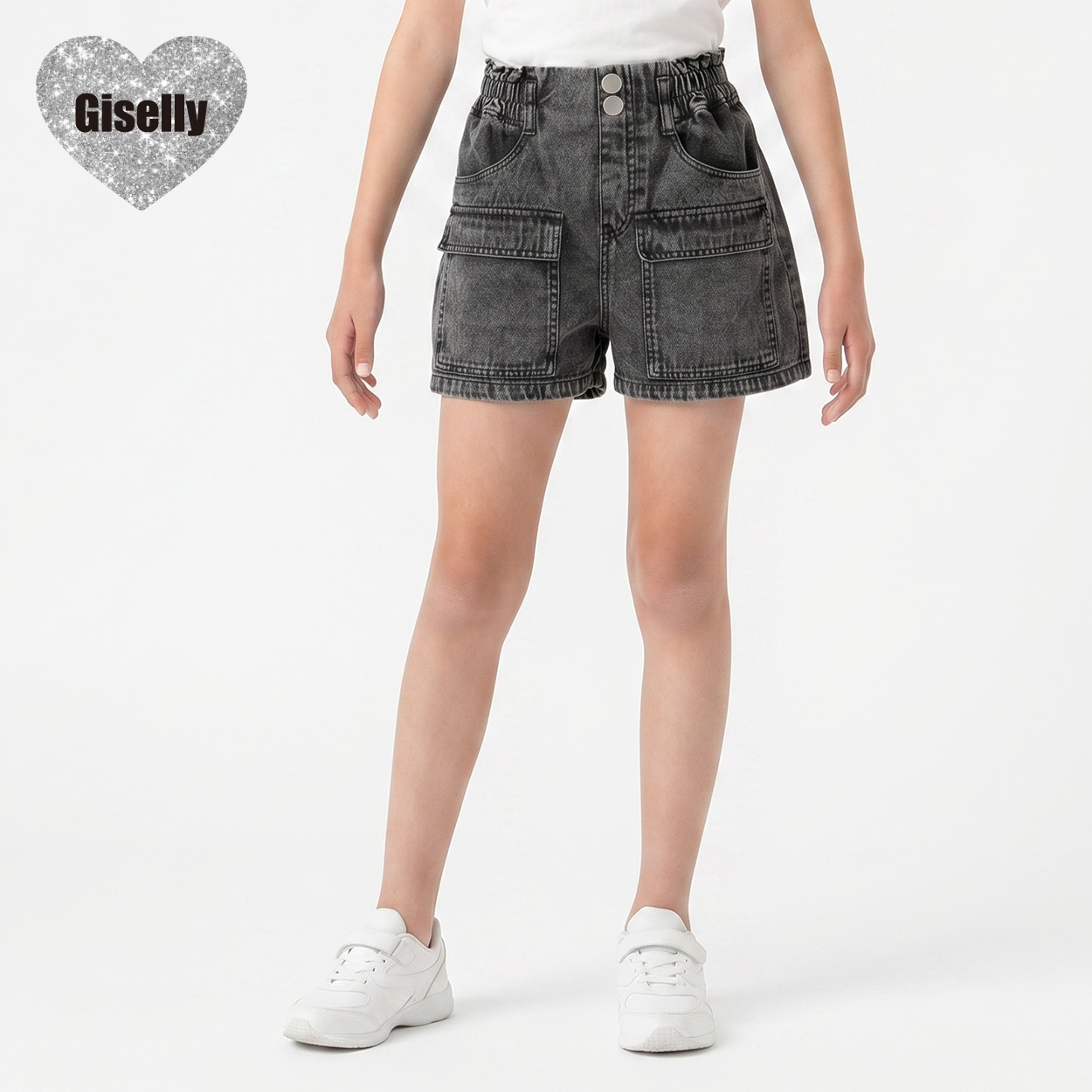 Giselly(ジゼリー) ポケット使いデニムショートパンツ キッズ 女の子 130cm-160cm(グレー-160cm)