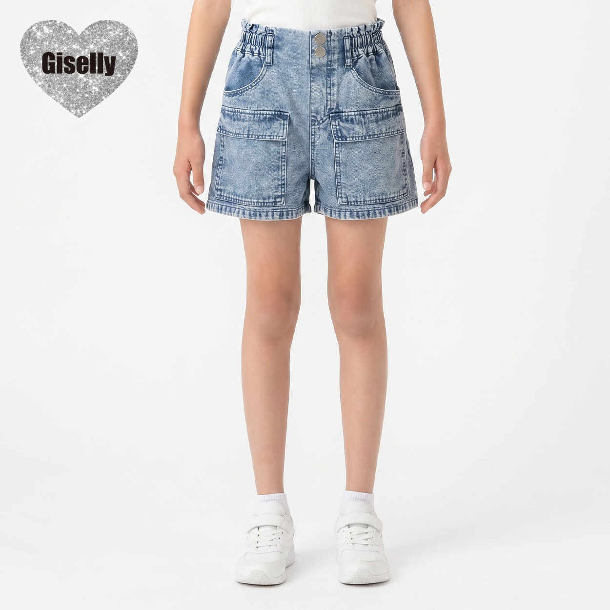 Giselly(ジゼリー) ポケット使いデニムショートパンツ キッズ 女の子 130cm-160cm(ブルー-140cm)