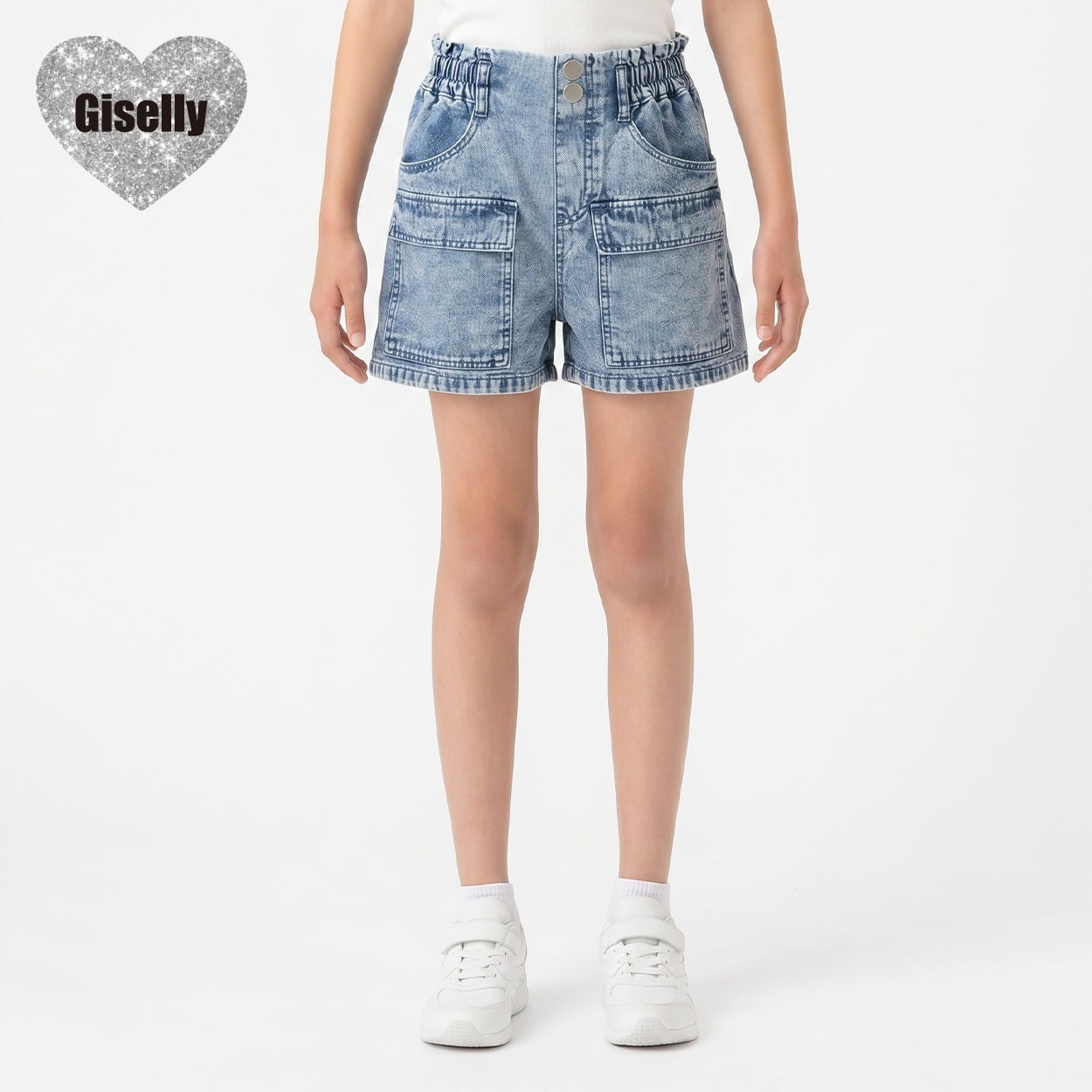 Giselly(ジゼリー) ポケット使いデニムショートパンツ キッズ 女の子 130cm-160cm(ブルー-150cm)
