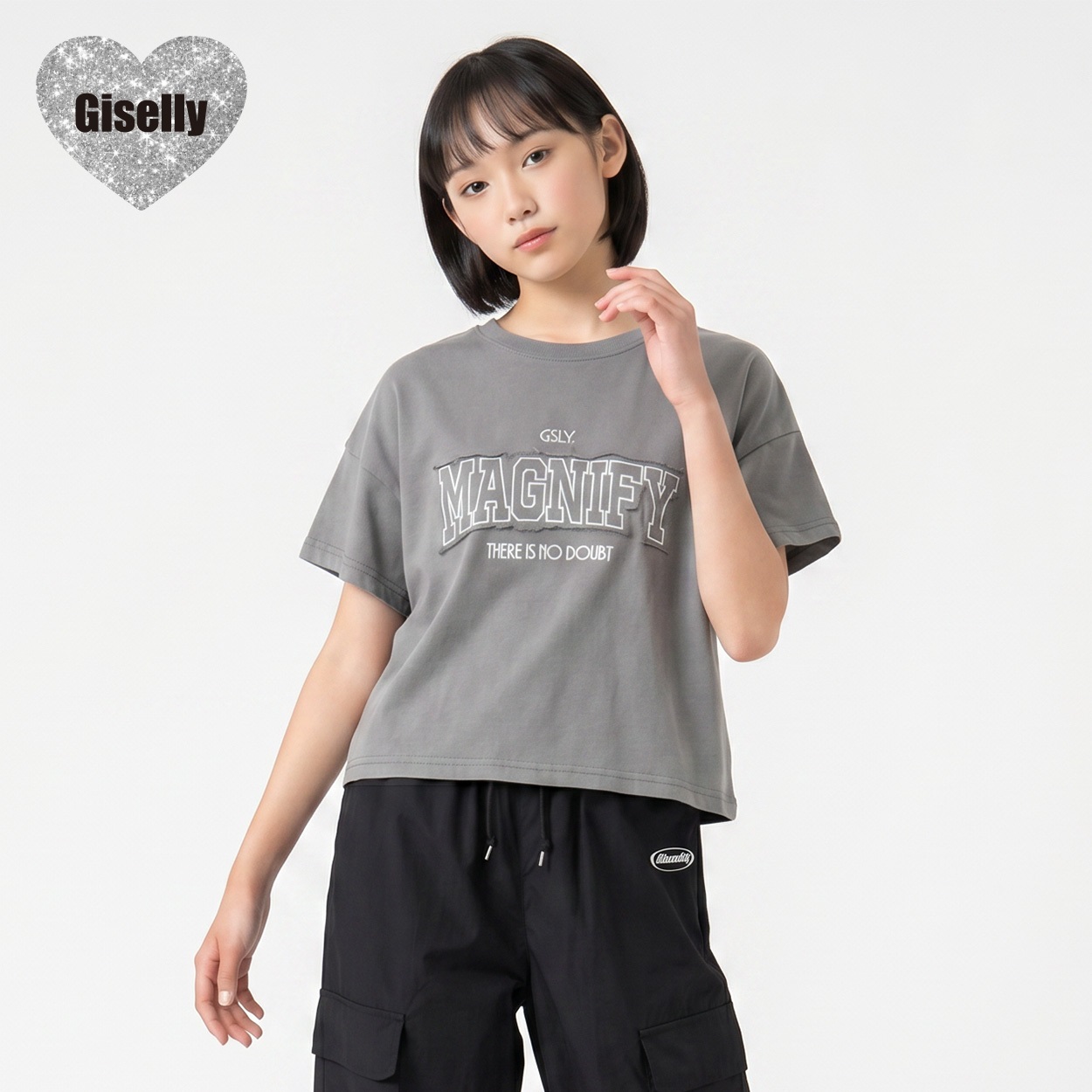 Giselly(ジゼリー) アップリケ使いTシャツ キッズ 女の子 130cm-160cm(グレー-150cm)