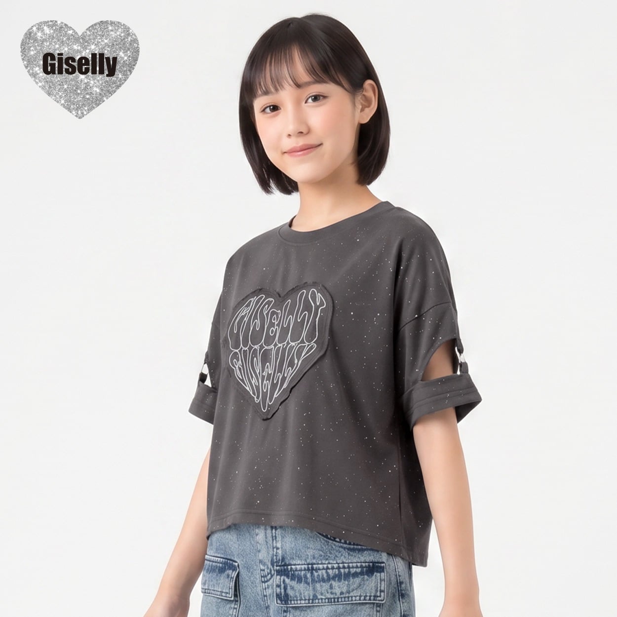 Giselly(ジゼリー) 袖リング使いラメTシャツ キッズ 女の子 130cm-160cm(ブラック-140cm)