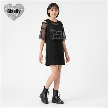 Giselly(ジゼリー) メッシュ肩ファスナーワンピース キッズ 女の子 130cm-160cm(ブラック-130cm)