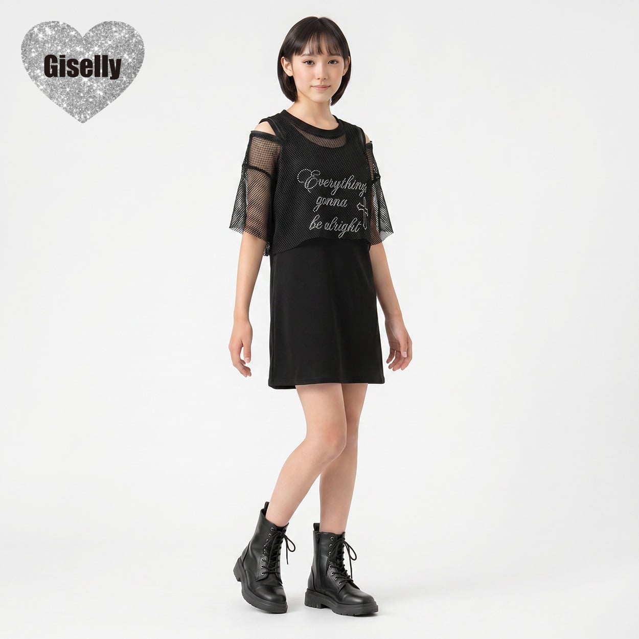 Giselly(ジゼリー) メッシュ肩ファスナーワンピース キッズ 女の子 130cm-160cm(ブラック-150cm)