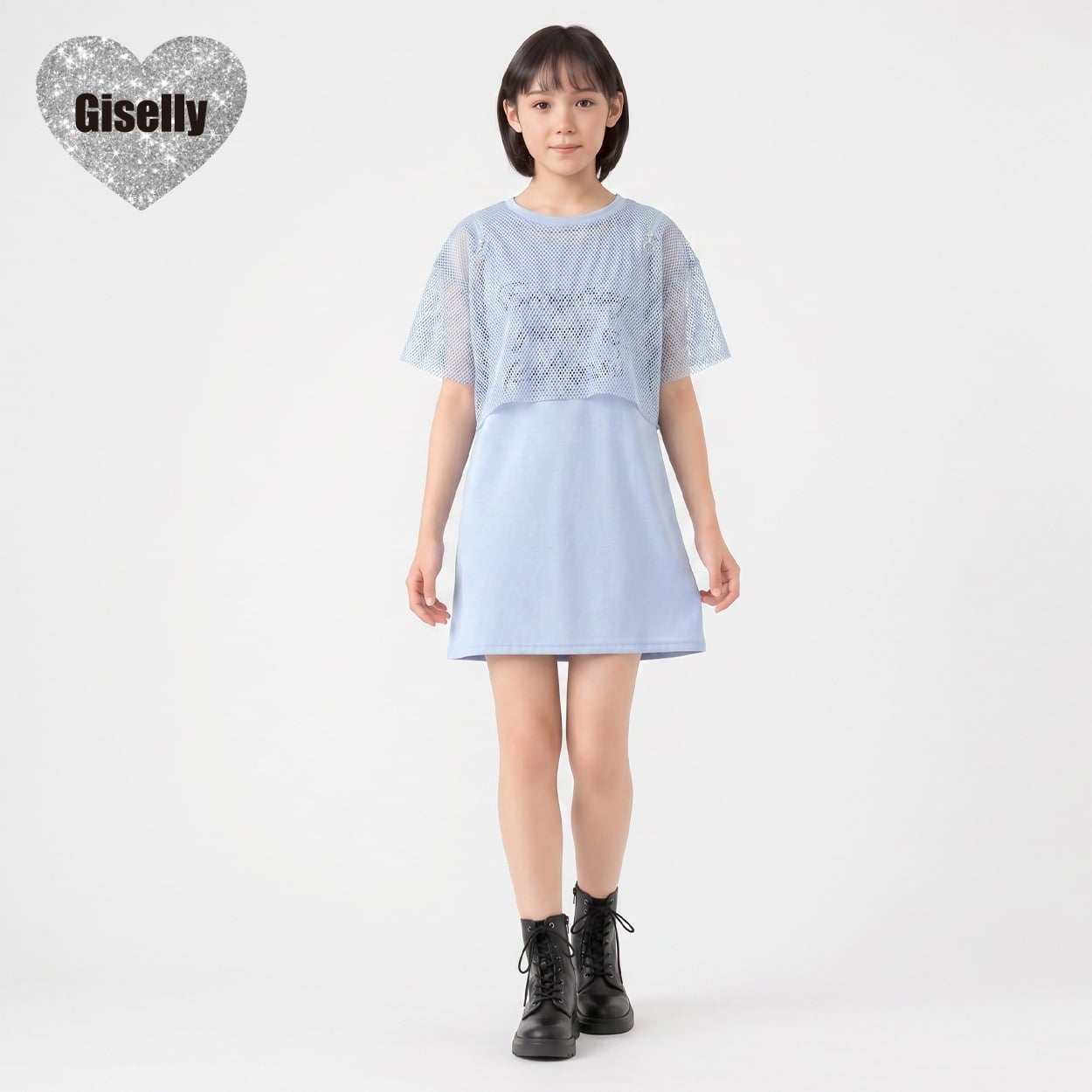 Giselly(ジゼリー) メッシュ肩ファスナーワンピース キッズ 女の子 130cm-160cm(サックス-160cm)