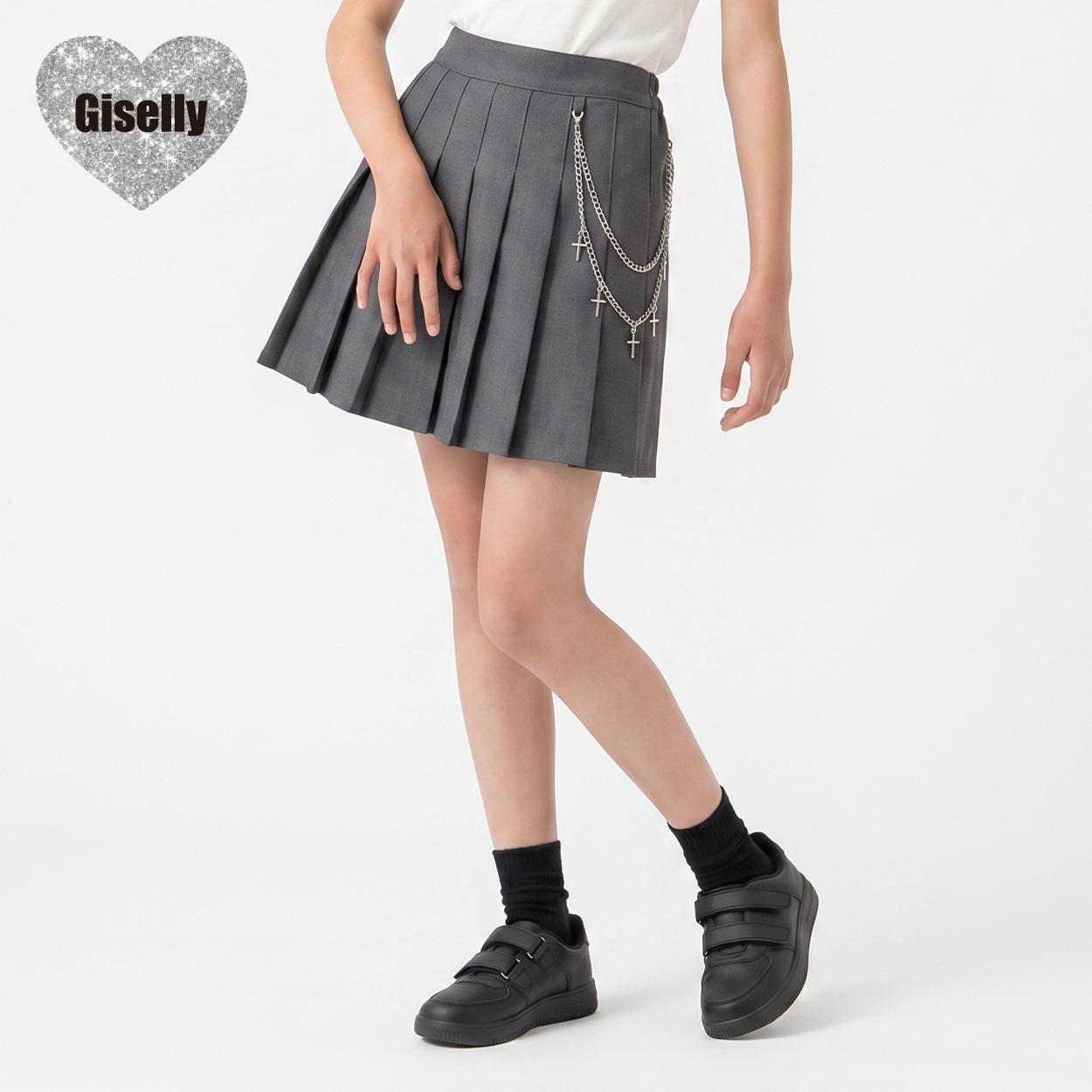 Giselly(ジゼリー) チェーン付きプリーツスカート キッズ 女の子 130cm-160cm(グレー-150cm)