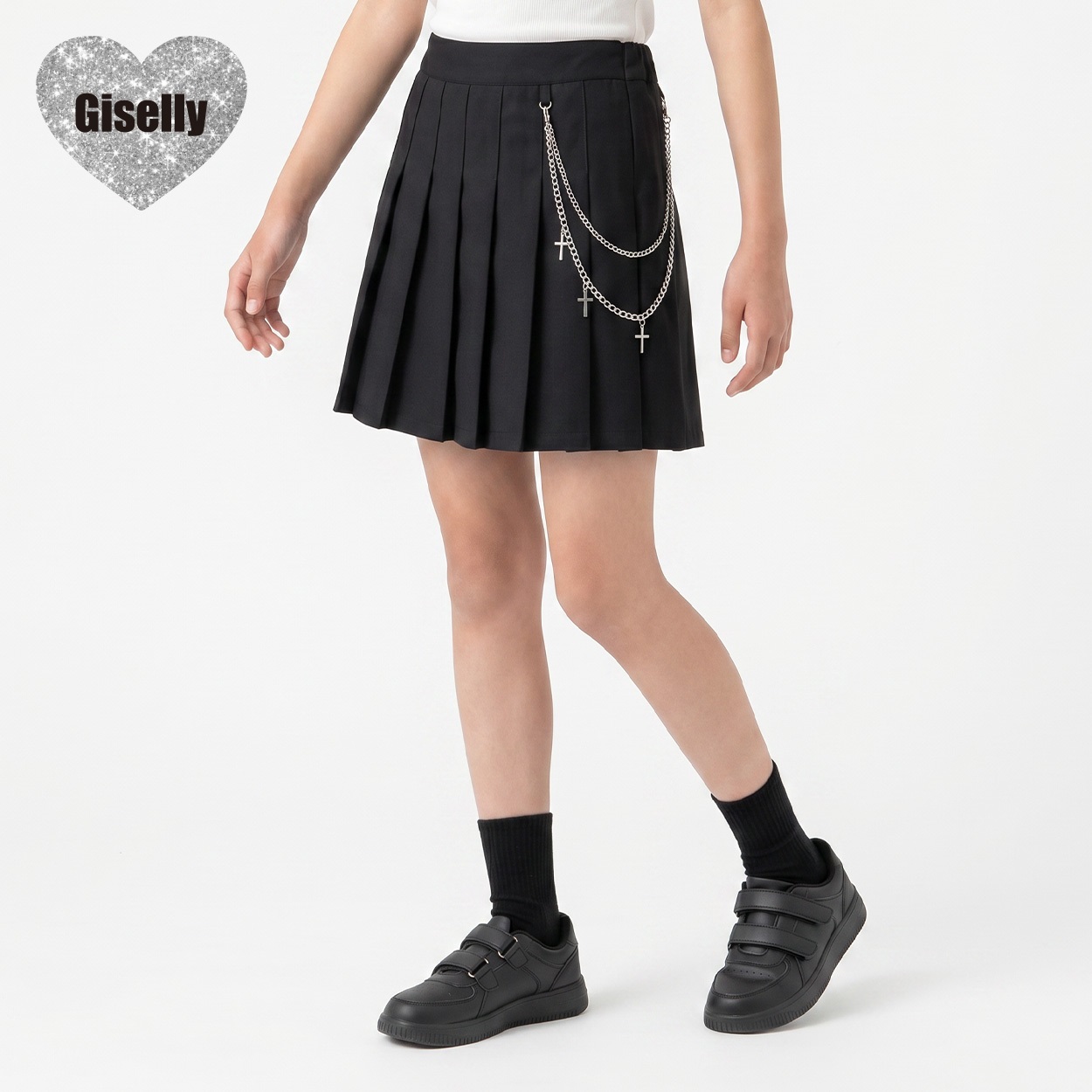 Giselly(ジゼリー) チェーン付きプリーツスカート キッズ 女の子 130cm-160cm(ブラック-150cm)