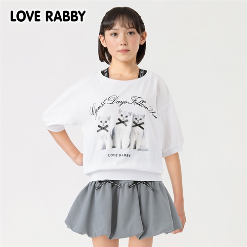 LOVERABBY(ラブラビ) ねこ転写プリントＴシャツ キッズ 女の子 130cm-160cm(ホワイト-130cm)