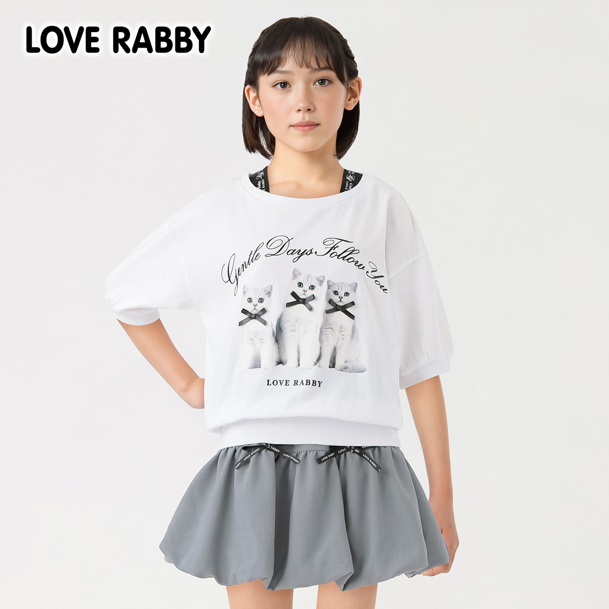 LOVERABBY(ラブラビ) ねこ転写プリントＴシャツ キッズ 女の子 130cm-160cm(ホワイト-140cm)