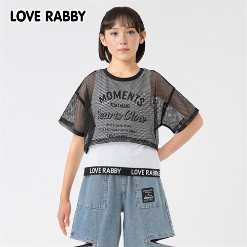 LOVERABBY(ラブラビ) メッシュ重ね着風Ｔシャツ キッズ 女の子 130cm-160cm(ブラック-130cm)