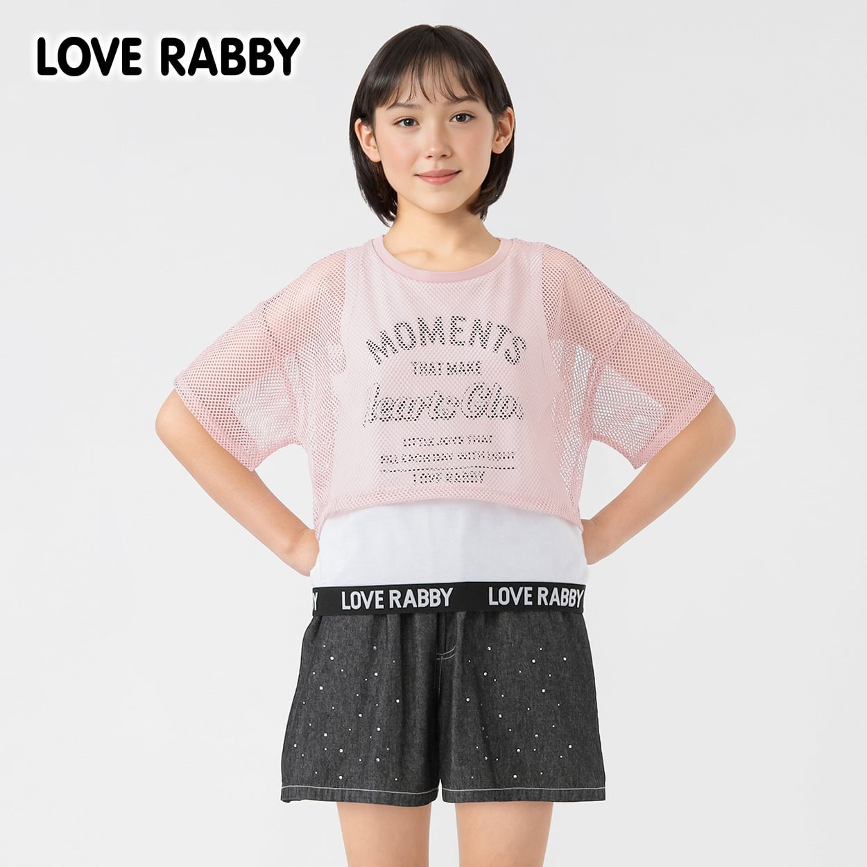 LOVERABBY(ラブラビ) メッシュ重ね着風Ｔシャツ キッズ 女の子 130cm-160cm(ピンク-160cm)