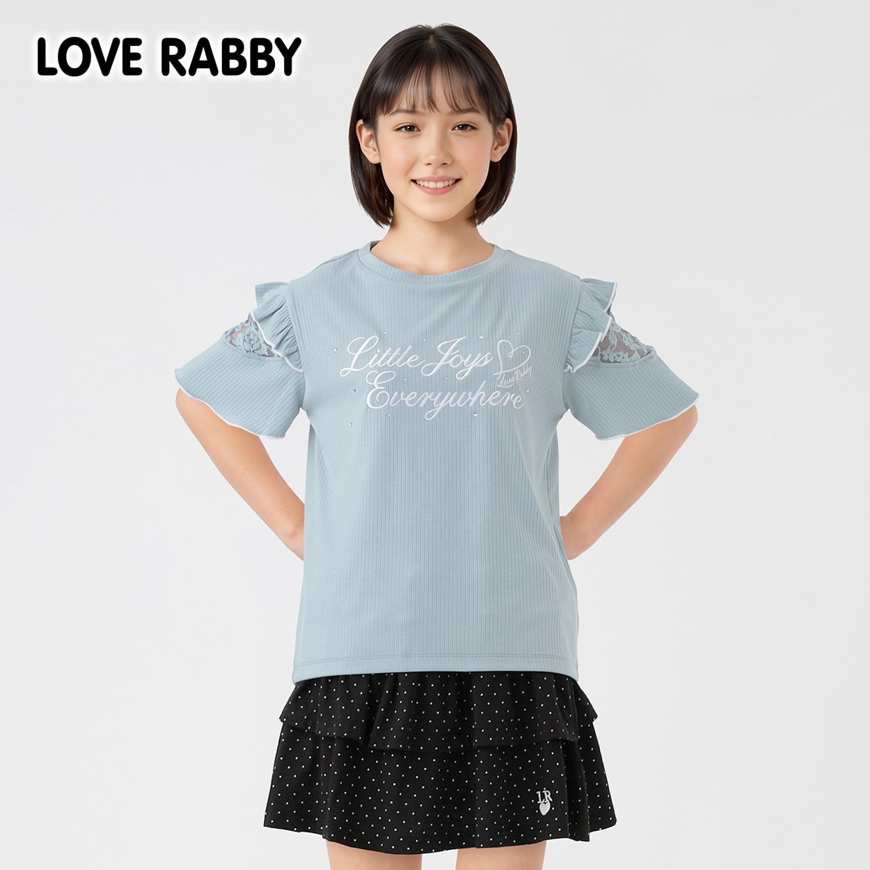 LOVERABBY(ラブラビ) テレコ袖レースフリル刺繍入りＴシャツ キッズ 女の子 130cm-160cm(ブルー-140cm)