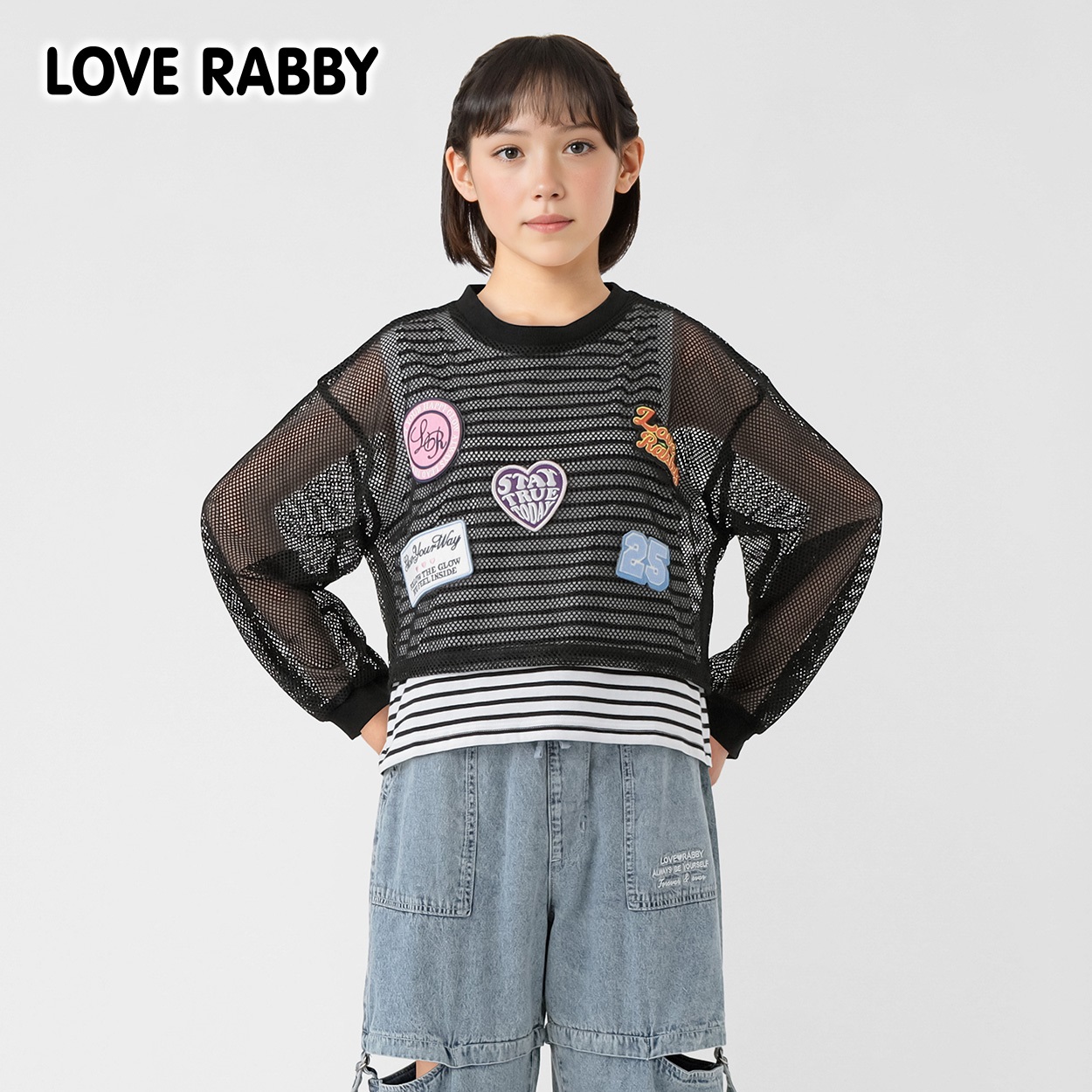 LOVERABBY(ラブラビ) ワッペン付きメッシュＴシャツコンポ キッズ 女の子 130cm-160cm(ブラック-150cm)