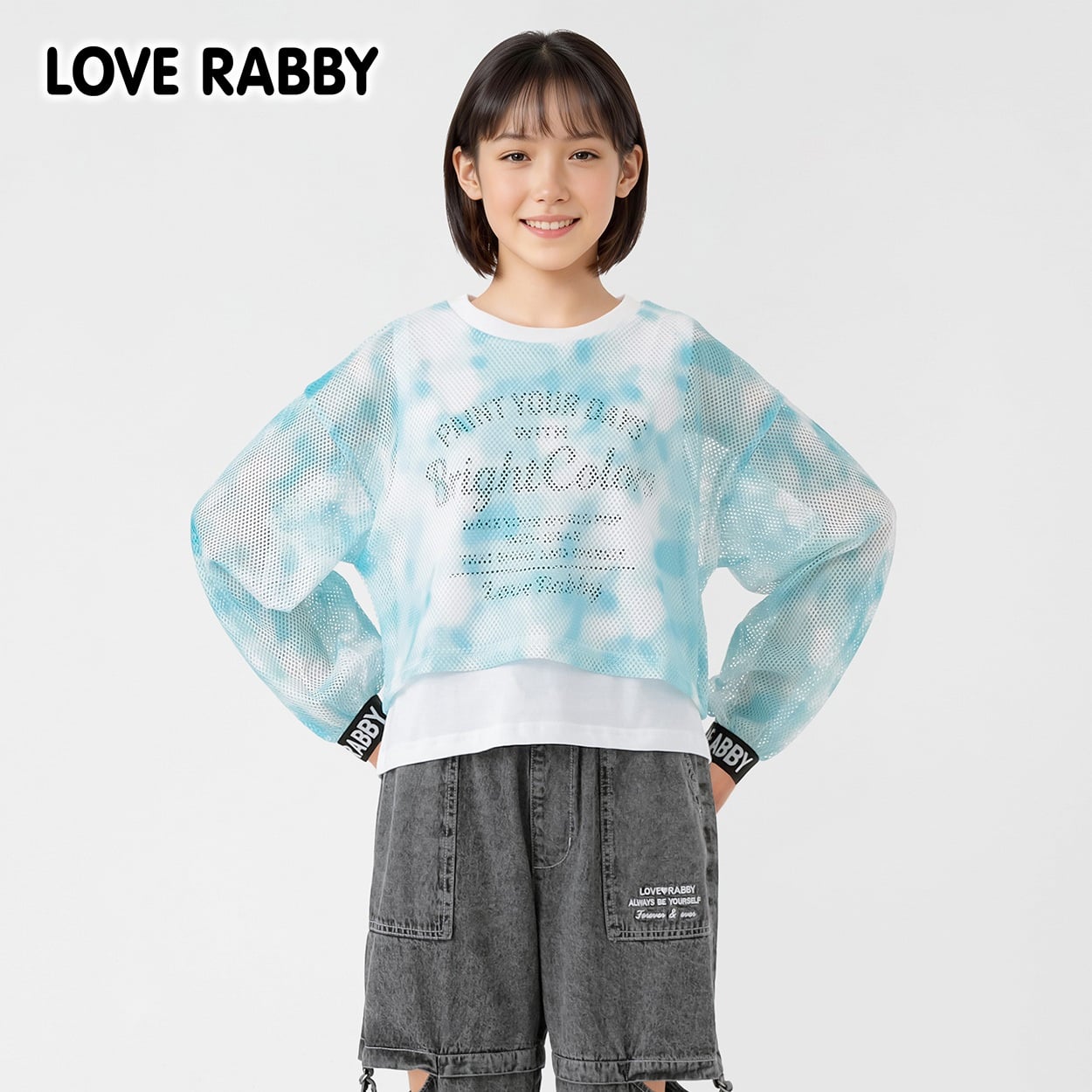 LOVERABBY(ラブラビ) 重ね着風タイダイメッシュＴシャツ キッズ 女の子 130cm-160cm(ブルー系タイダイ-130cm)