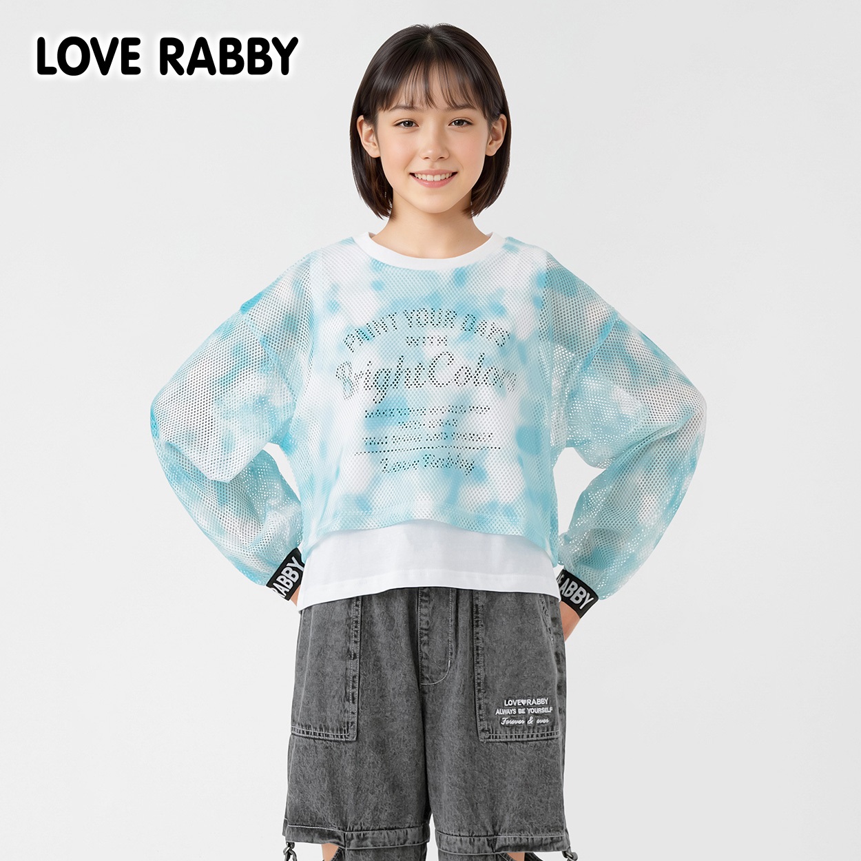 LOVERABBY(ラブラビ) 重ね着風タイダイメッシュＴシャツ キッズ 女の子 130cm-160cm(ブルー系タイダイ-150cm)