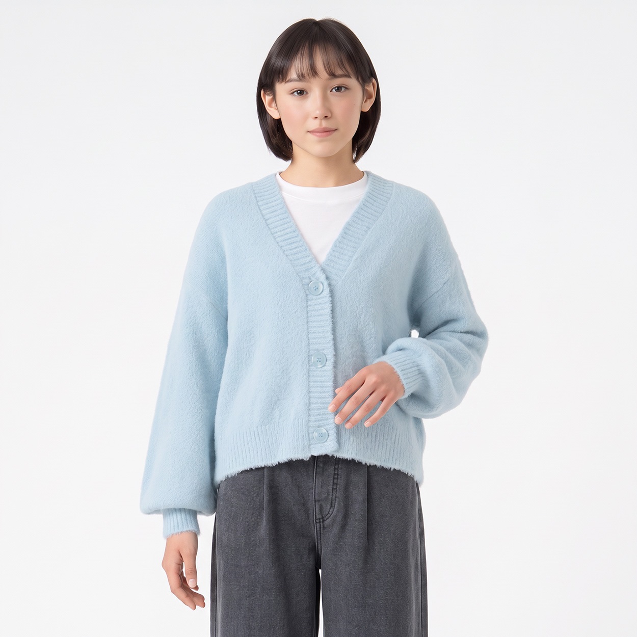フェザーカーディガン キッズ 女の子 130cm-160cm(サックス-150cm)