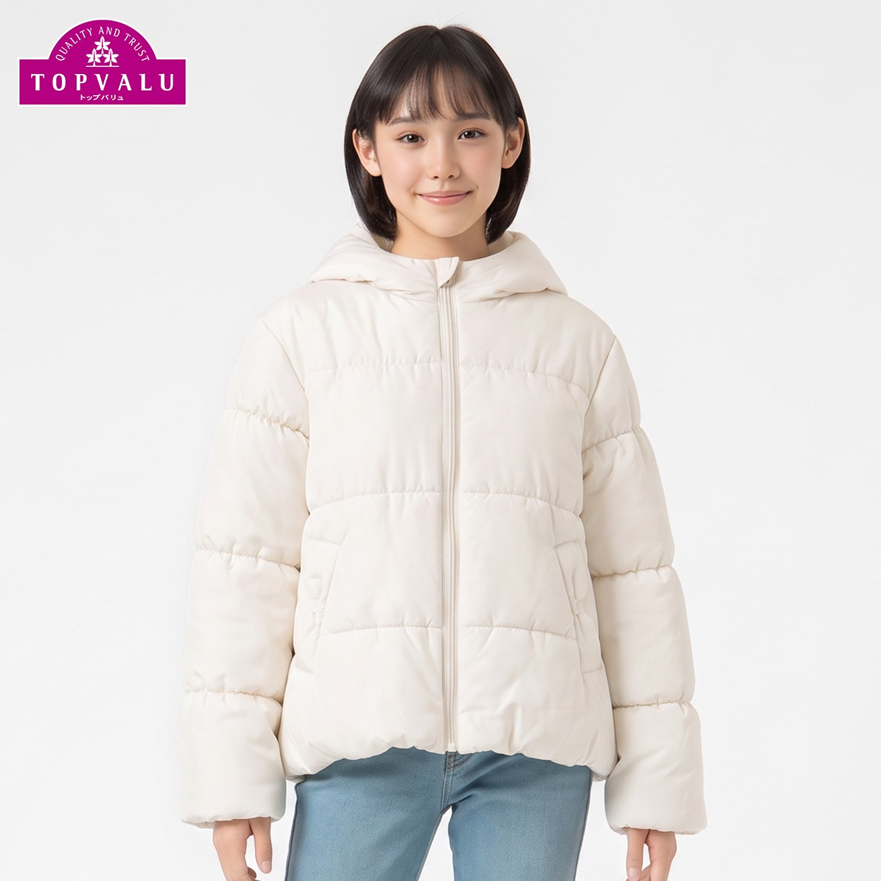 洗えるはっ水中わたジャケット キッズ 女の子 トップバリュ(TOPVALU) 130～160cm(アイボリー-160cm)