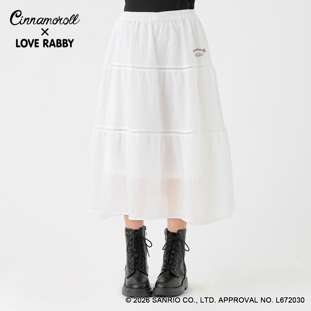 LOVERABBY(ラブラビ) 〈シナモロール〉刺繍ギャザーロングスカート キッズ 女の子 130cm-160cm(ホワイト-150cm)