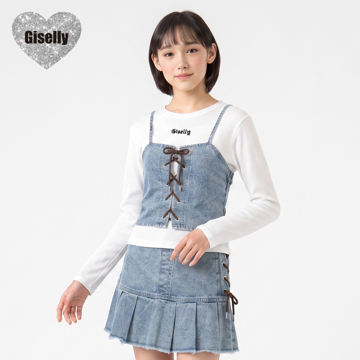 Giselly(ジゼリー) レースアップデニムビスチェアンサンブル キッズ 女の子 130cm-160cm(ブルー-160cm)