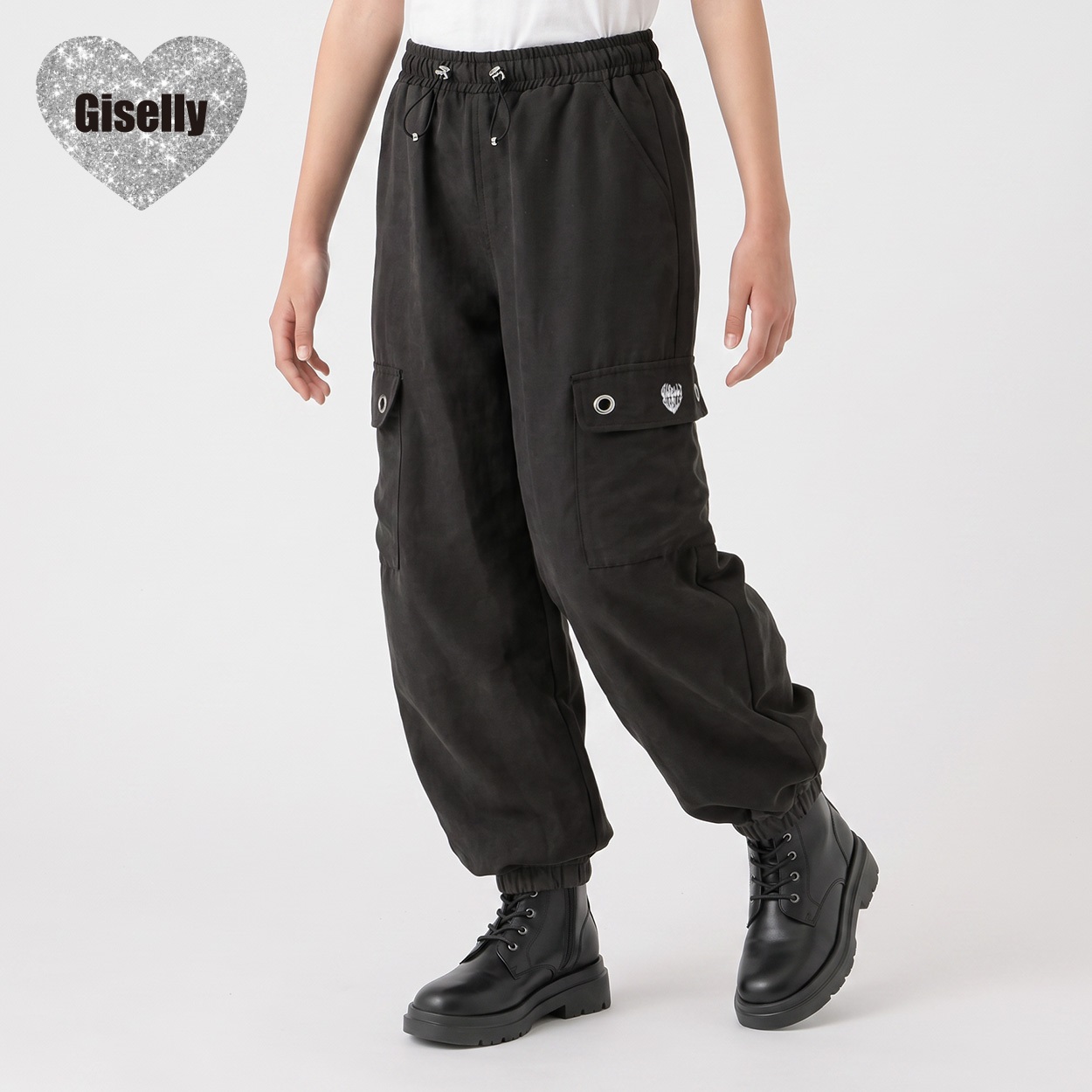 Giselly(ジゼリー) ヴィンテージサテンカーゴパンツ キッズ 女の子 130cm-160cm(ブラック-130cm)