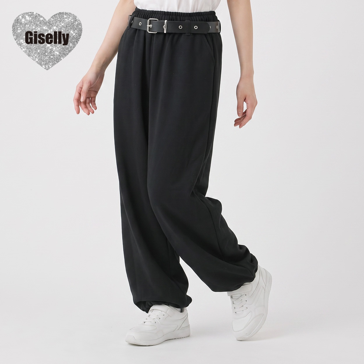 Giselly(ジゼリー) 裾２WAYベルトスウェットパンツ キッズ 女の子 130cm-160cm(ブラック-160cm)