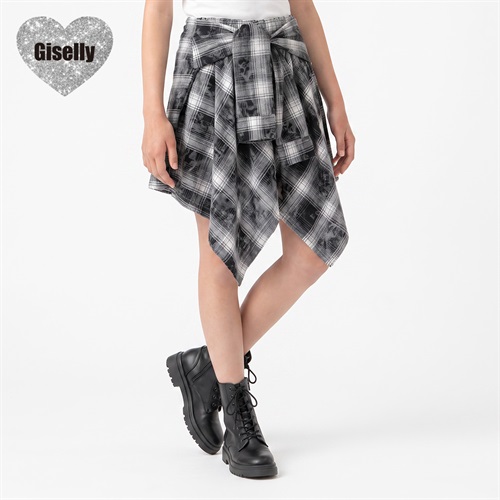 Giselly(ジゼリー) 腰巻シャツ風チェックスカート キッズ 女の子 130cm-160cm(ブラック-130cm)