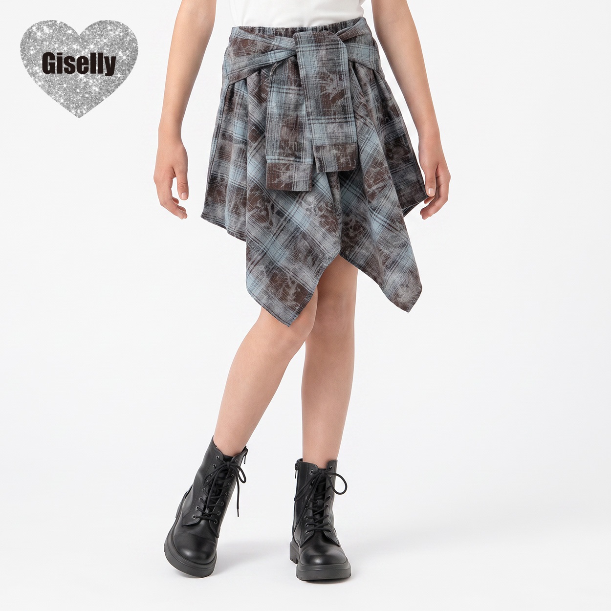 Giselly(ジゼリー) 腰巻シャツ風チェックスカート キッズ 女の子 130cm-160cm(ブラウン-160cm)