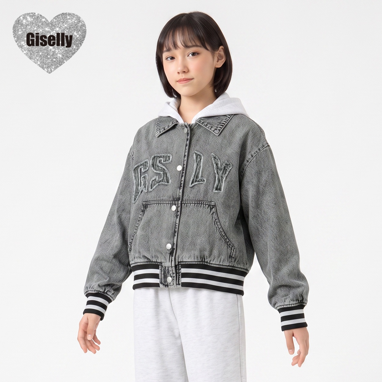 Giselly(ジゼリー) 衿付デニムブルゾン キッズ 女の子 130cm-160cm(ライトグレー-150cm)